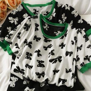 Contrasted Ribbon-print Knit Top