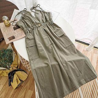 Spaghetti Strap Flap-pocket Midi A-line Dress