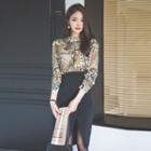 Set: Long Sleeve Mock Neck Print Blouse + Tulip Skirt