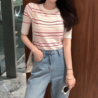 Striped Knit Top / Straight Leg Jeans / Set