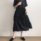 Elbow-sleeve Midi A-line Dress Black - One Size