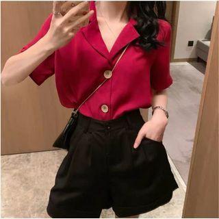 Elbow-sleeve Notch Lapel Blouse / High-waist Shorts