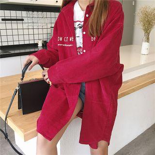 Lettering Corduroy Long Buttoned Jacket
