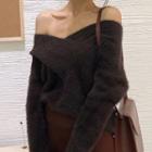 Plain Off-shoulder V-neck Long-sleeve Sweater Brown - One Size