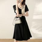 Short Sleeve V-neck Two Tone A-line Dress