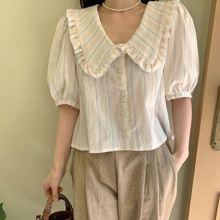 Elbow-sleeve Collared Striped Blouse