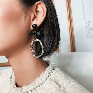 925 Sterling Silver Asymmetric Rhinestone Dangle Earring Asymmetry - Bow - Black - One Size