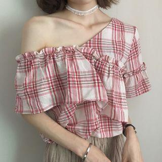 Plaid Short-sleeve V-neck Blouse