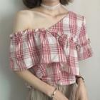 Plaid Short-sleeve V-neck Blouse