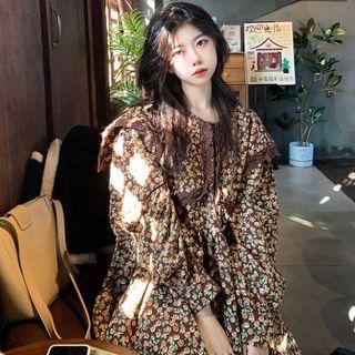Long-sleeve Floral Print Mini A-line Dress Floral Print - Brown - One Size