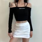 Letter Embroidered Cold-shoulder Long-sleeve T-shirt Black - One Size