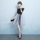 Off-shoulder Elbow-sleeve Organza Panel A-line Cocktail Dress
