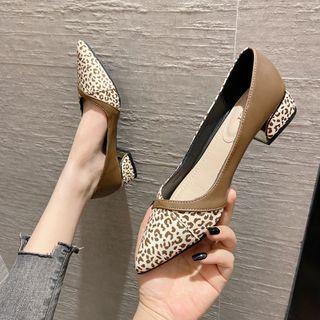 Block Heel Leopard Print Pointed Pumps