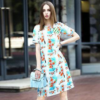 Short-sleeve Floral Linen Dress