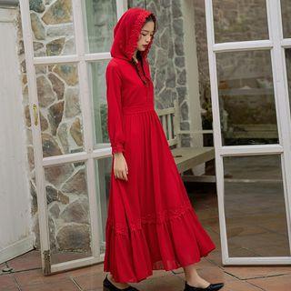 Hooded Long-sleeve Lace Trim Midi A-line Dress
