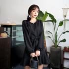 Bishop-sleeve Ruffle-hem Dress With Sash