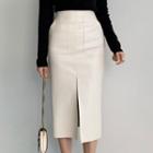 Faux Leather Slit Midi Pencil Skirt