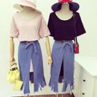 Set: Plain T-shirt Dress + Slit Fray Hem Denim Skirt