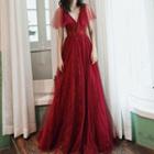 Short-sleeve Rhinestone Lace-up A-line Evening Gown