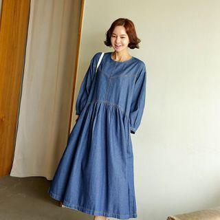 Seam-trim Shirred Long Denim Dress