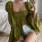 Lantern-sleeve Square-neck Slit Top