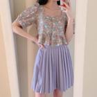 Short-sleeve Floral Printed Blouse / High-waist Pleated Skirt