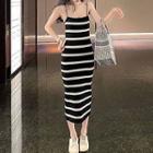 Spaghetti Strap Striped Midi Knit Dress Stripes - Black & White - One Size