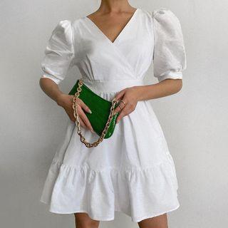 V Neck Puff-sleeve Mini Dress
