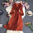 Long-sleeve V-neck Tie-waist Dotted Midi A-line Chiffon Dress