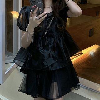 Mini A-line Skirt / Puff-sleeve Mesh Top / Set