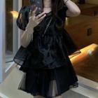 Mini A-line Skirt / Puff-sleeve Mesh Top / Set