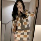 Checker Print Cardigan / Knit Skirt