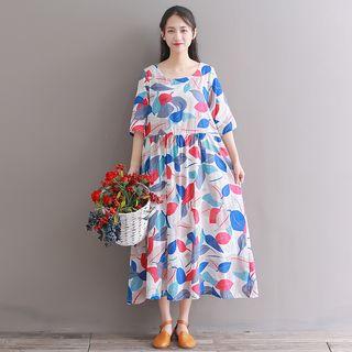 Leaf Print Elbow-sleeve Midi A-line Dress