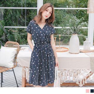 Elastic Waist Patterned Striped Chiffon Dress