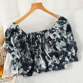 Puff-sleeve Print Cropped Blouse Black & Green & White - One Size