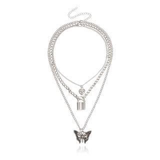 Lock Butterfly Pendant Layered Alloy Necklace Silver - One Size
