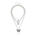 Lock Butterfly Pendant Layered Alloy Necklace Silver - One Size