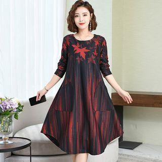 Long-sleeve Leaf-print A-line Dress