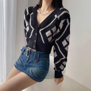 V-neck Striped Button-up Cropped Cardigan