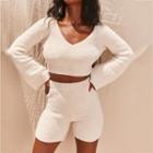 Set: Fleece Plain Long Sleeve Cropped T-shirt + Fleece Plain High Waist Shorts