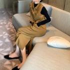 Button-up Vest / Midi Pencil Skirt / Plain Shirt / Set