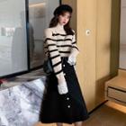 Turtleneck Striped Sweater / High Waist A-line Skirt