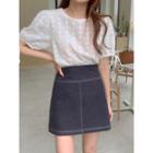 Short-sleeve Blouse / Contrast Stitching Mini A-line Skirt