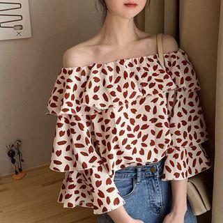 Off-shoulder Ruffled Layered Leaf Printed Blouse