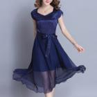 Cap-sleeve A-line Chiffon Dress With Sash