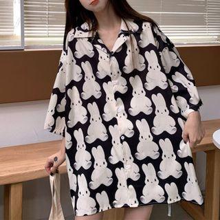 3/4-sleeve Rabbit Print Shirt
