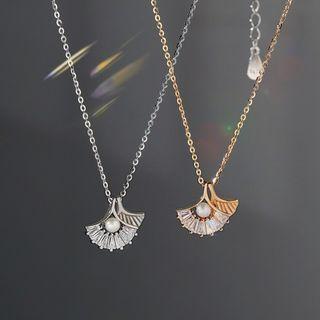 925 Sterling Silver Faux Pearl Rhinestone Fan Pendant Necklace