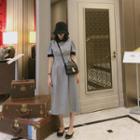 Contrast-collar Puff-sleeve Houndstooth Dress Mini - Black - One Size