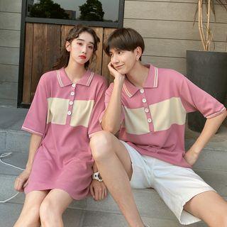 Couple Matching Short-sleeve Color Block Polo Shirt / Mini Polo Dress / Shorts