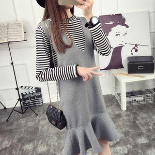 Set: Striped Long-sleeve Knit Top + Ruffle Hem Pinafore Dress